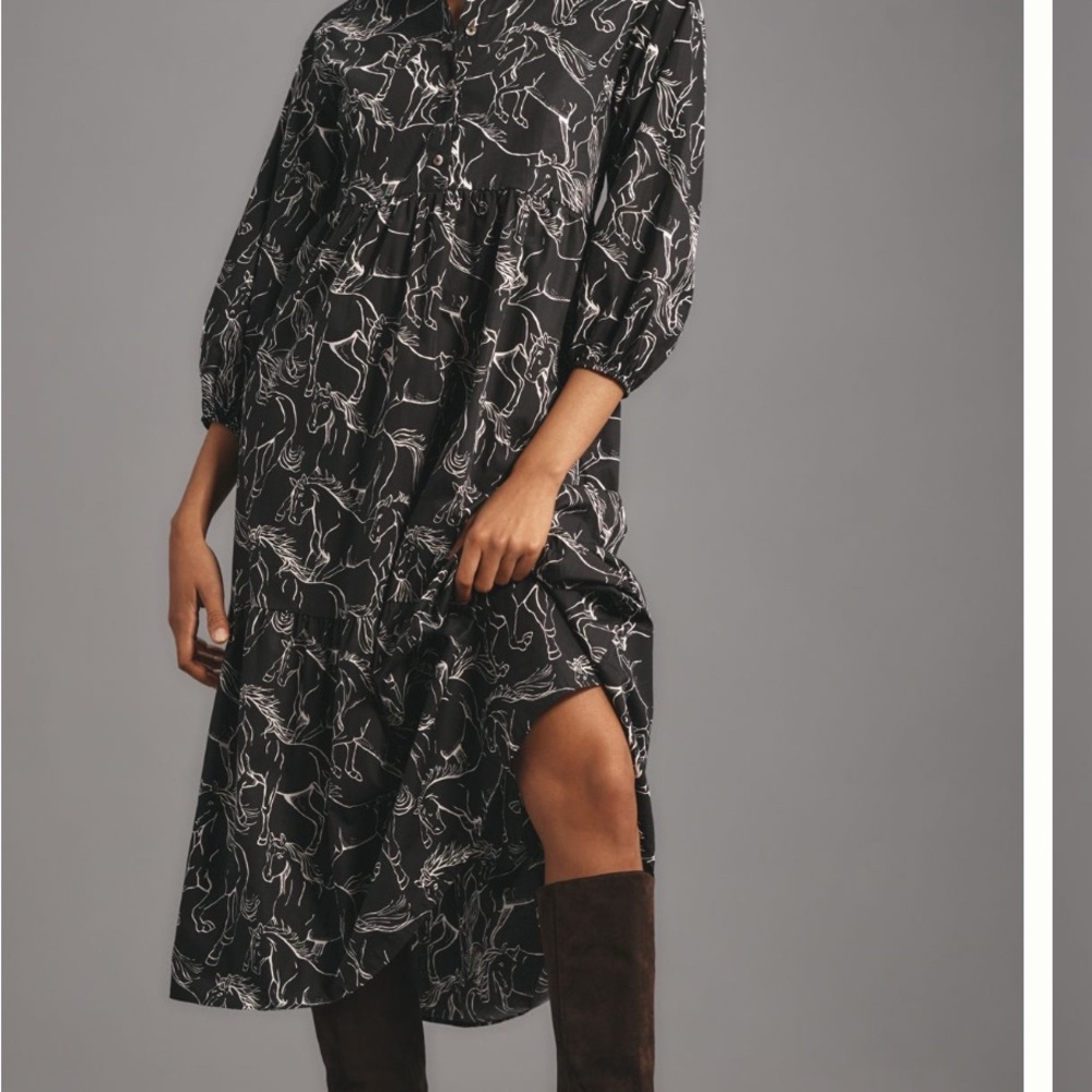 Anthropologie Bettina tiered black horse print shirt dress size small NWT